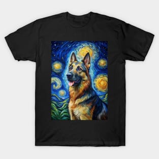 German Shepherd Dog Breed Painting in a Van Gogh Starry Night Art Style T-Shirt